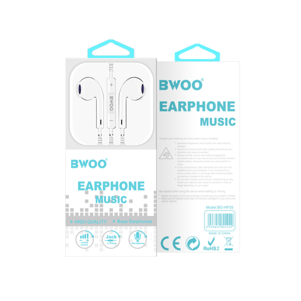 BWOO wired earphones 3.5mm stereo white