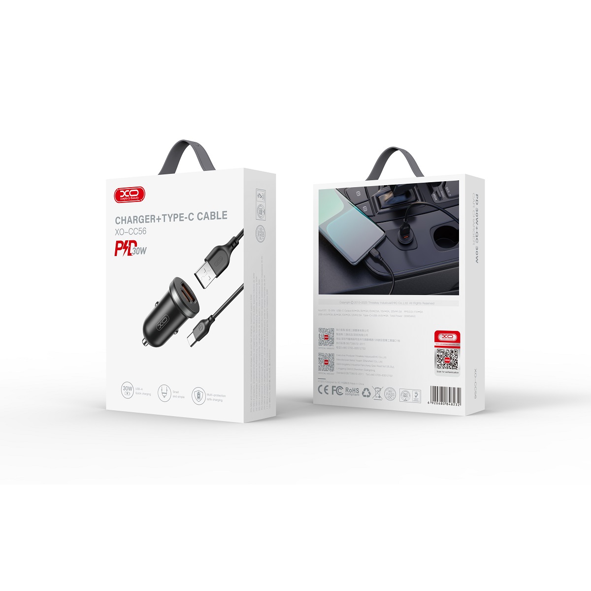 XO car charger CC56 PD 30W QC 1x USB 1x USB-C black +  USB - USB-C cable